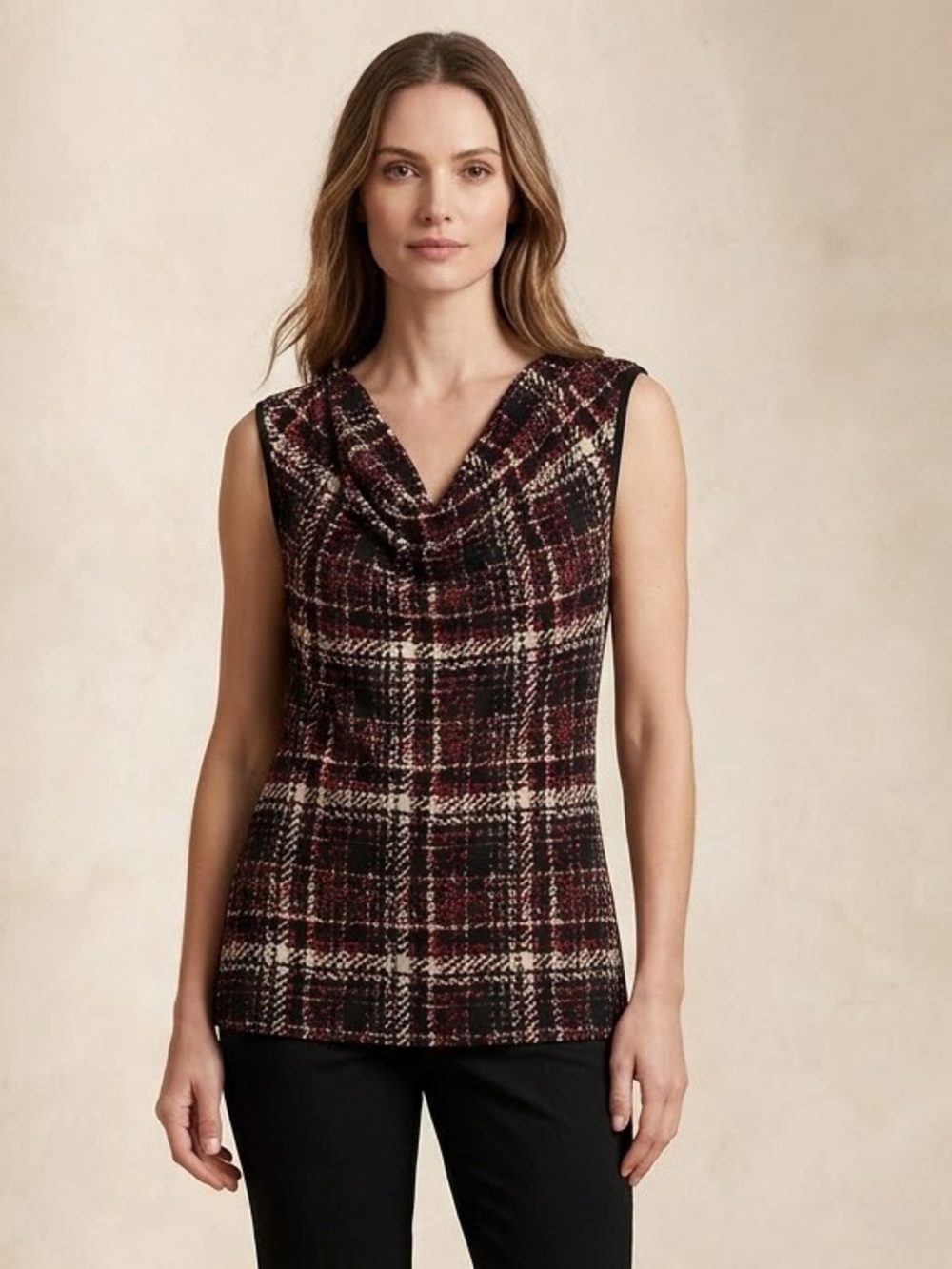 Black Label Black, Burgundy & Cream Cowl Neck Sleeveless Top
